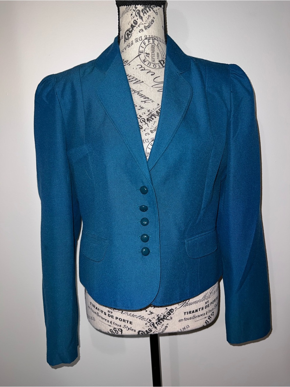 Vintage 80s Sheridan Square Teal Blue Cropped Blazer Puff Sleeve Size 15/16